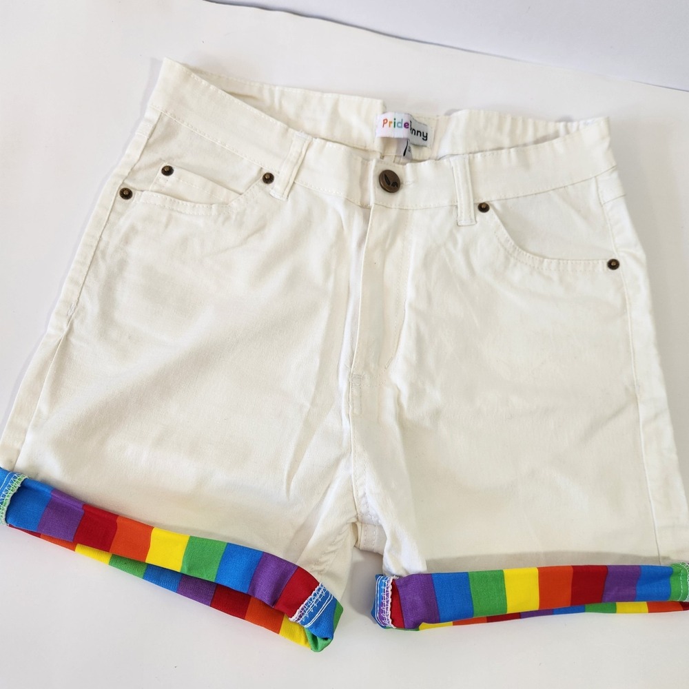 PrideBunny Waist 32" White Rainbow Cuff Shorts Pride Festival LGBTQ+ Streetwear